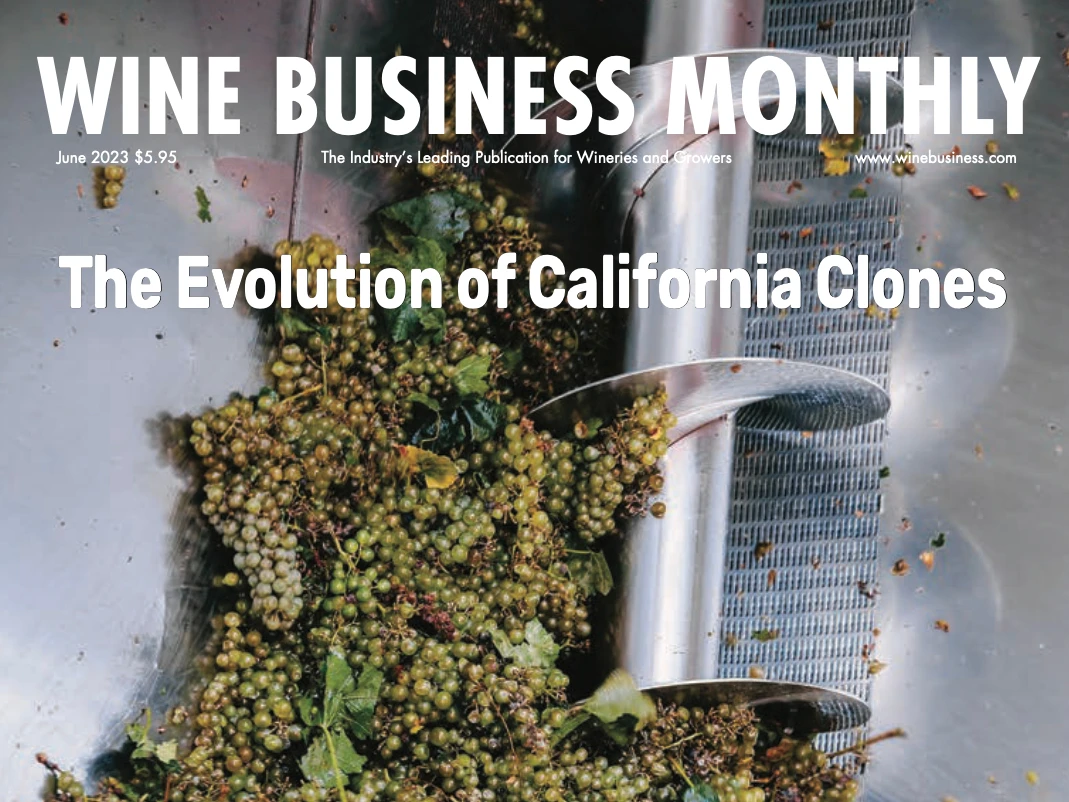 Cover of Wine Business Monthly magazine referencing article on the evolution of California clones.