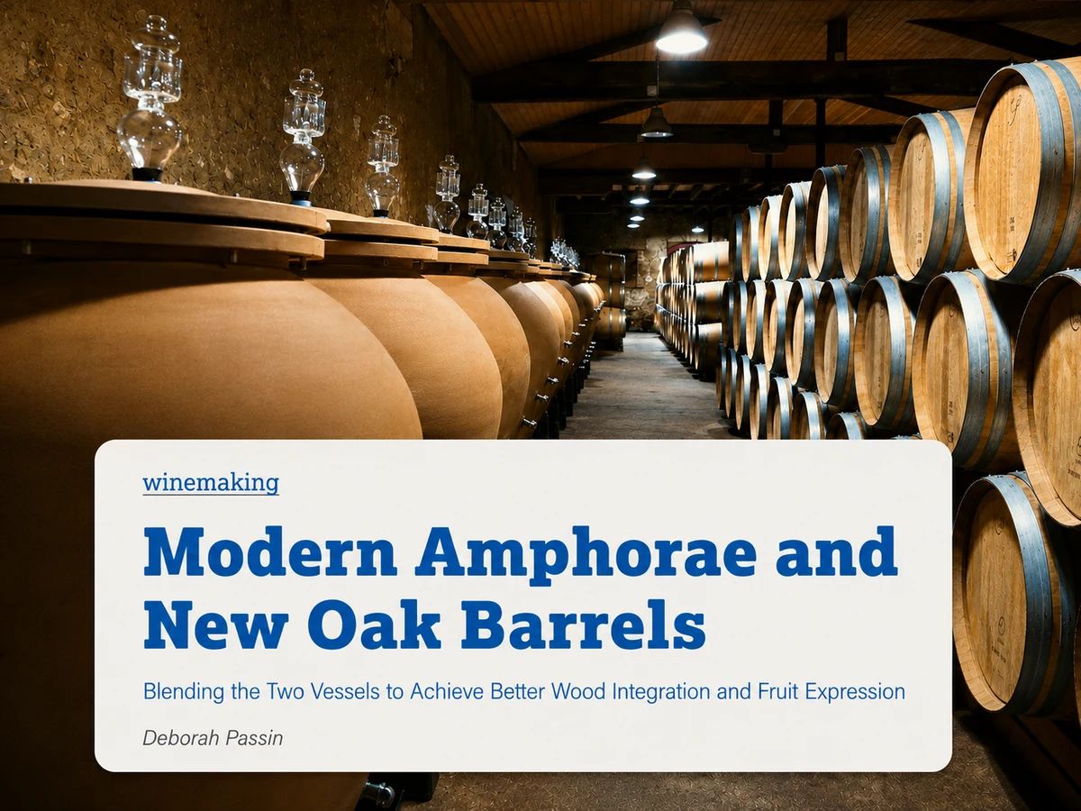 Modern amphorae and oak barrels aging wine in a cellar.