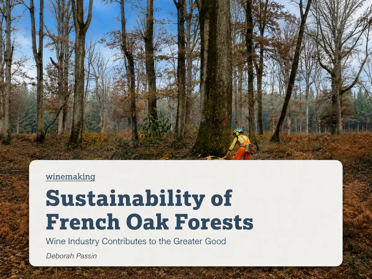Forest worker harvesting an oak tree in a French forest for an article on the sustainability of French oak forests.