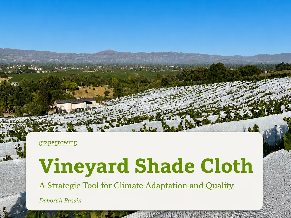 Vineyard rows covered with shade cloth in Napa Valley for an article on climate adaptation and grape quality.